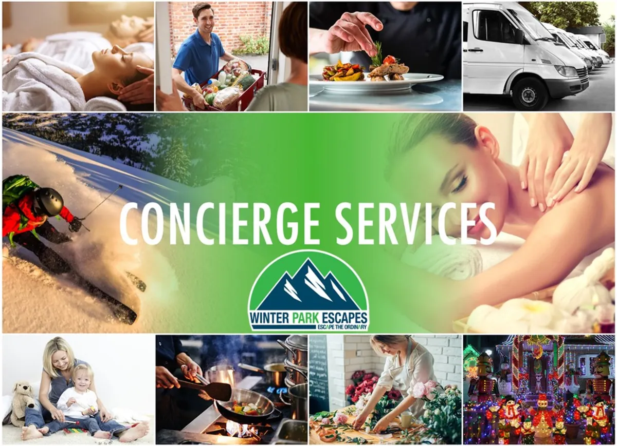 A collage-style image showcasing various resort-style amenities, including representations of spa treatments, food delivery, family activities, skiing, and luxury concierge services. The visual summary highlights the range of experiences available to guests, from adventure to relaxation and pampering.