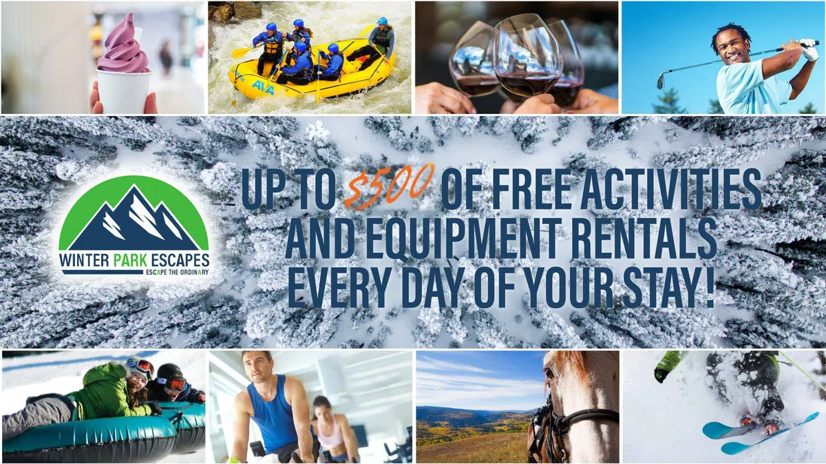 A vibrant exterior shot featuring groups of people rafting, skiing, horseback riding, golfing, and enjoying food in beautiful natural surroundings. The image radiates a sense of adventure, togetherness, and the diversity of outdoor experiences available in Winter Park, with lush landscapes and clear skies highlighting the excitement of each activity.