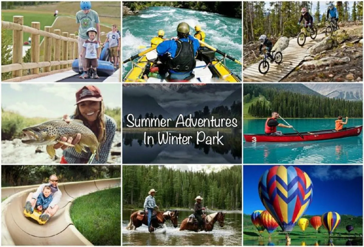 A dynamic collage-like composition featuring families and groups partaking in various outdoor adventures: rafting on fast-moving water, fishing, biking through trails, horseback riding, kayaking, hot air ballooning, and tubing. The scene is filled with movement, laughter, and stunning natural backdrops, emphasizing the sense of joy and active exploration.