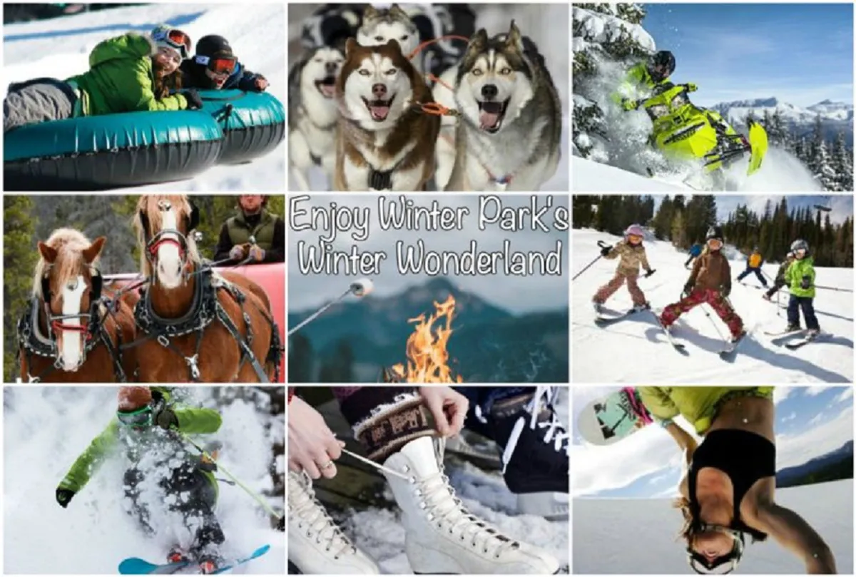 An exciting winter scene showing people tubing on snow, dogs pulling a sled, snowmobiles cruising, horseback riding in the snow, children skiing, ice skating, and groups gathered by a cozy fire pit. The landscape is covered in snow, and the atmosphere is festive and joyful, capturing the essence of winter fun and family-friendly activities.